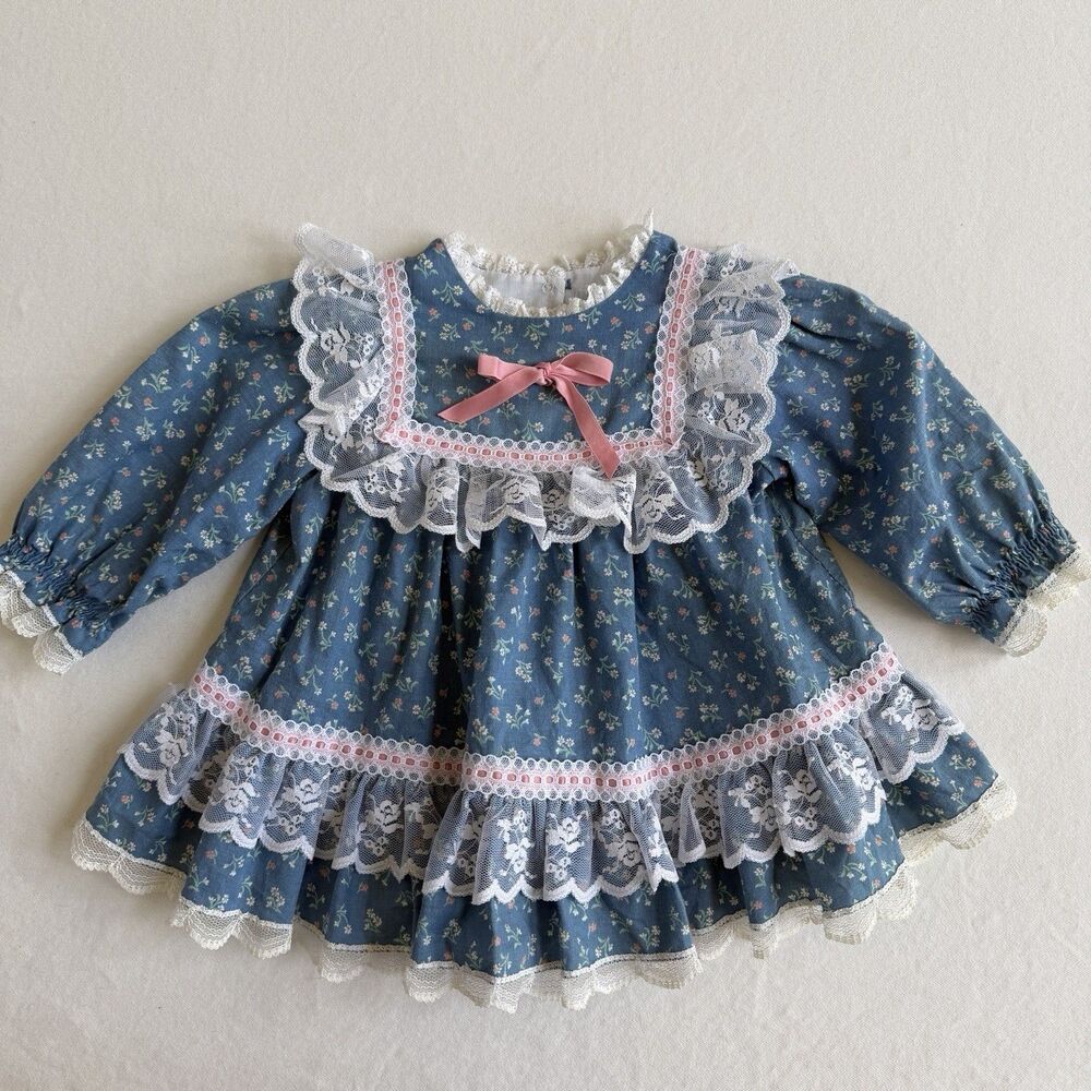 Vintage Bryan Blue Dress Size 6/9 Months Lace Floral Prairie Frilly Ruffle